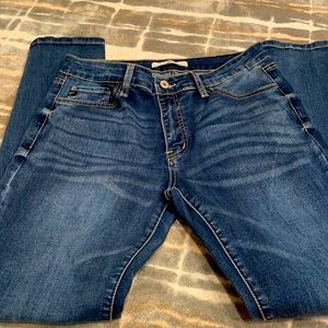 Denim straight leg, whiskered jeans